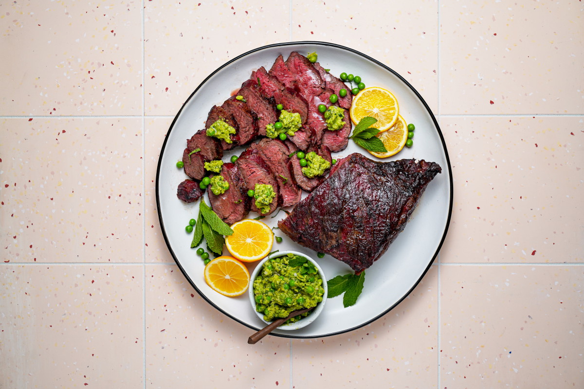 Smoked Tri-Tip with Mint and Meyer Lemon Smashed Peas