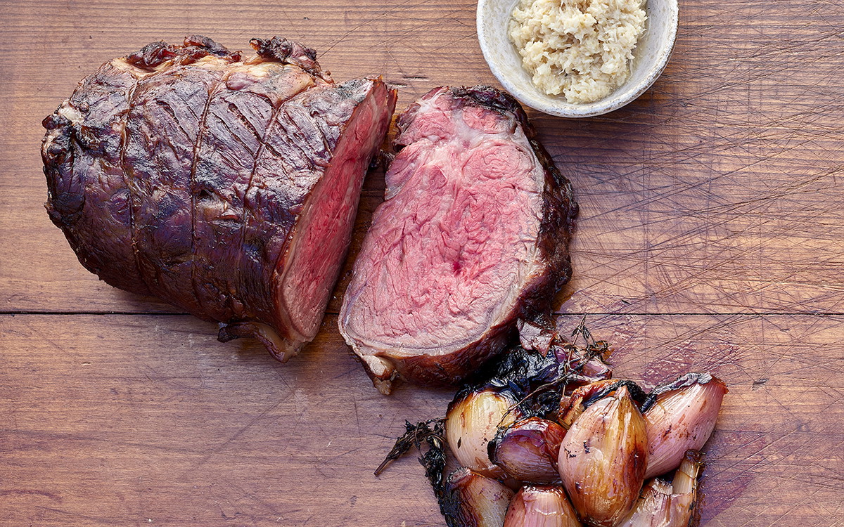 Smoked Eye of the Ribeye Roast with Fire-Roasted Shallots