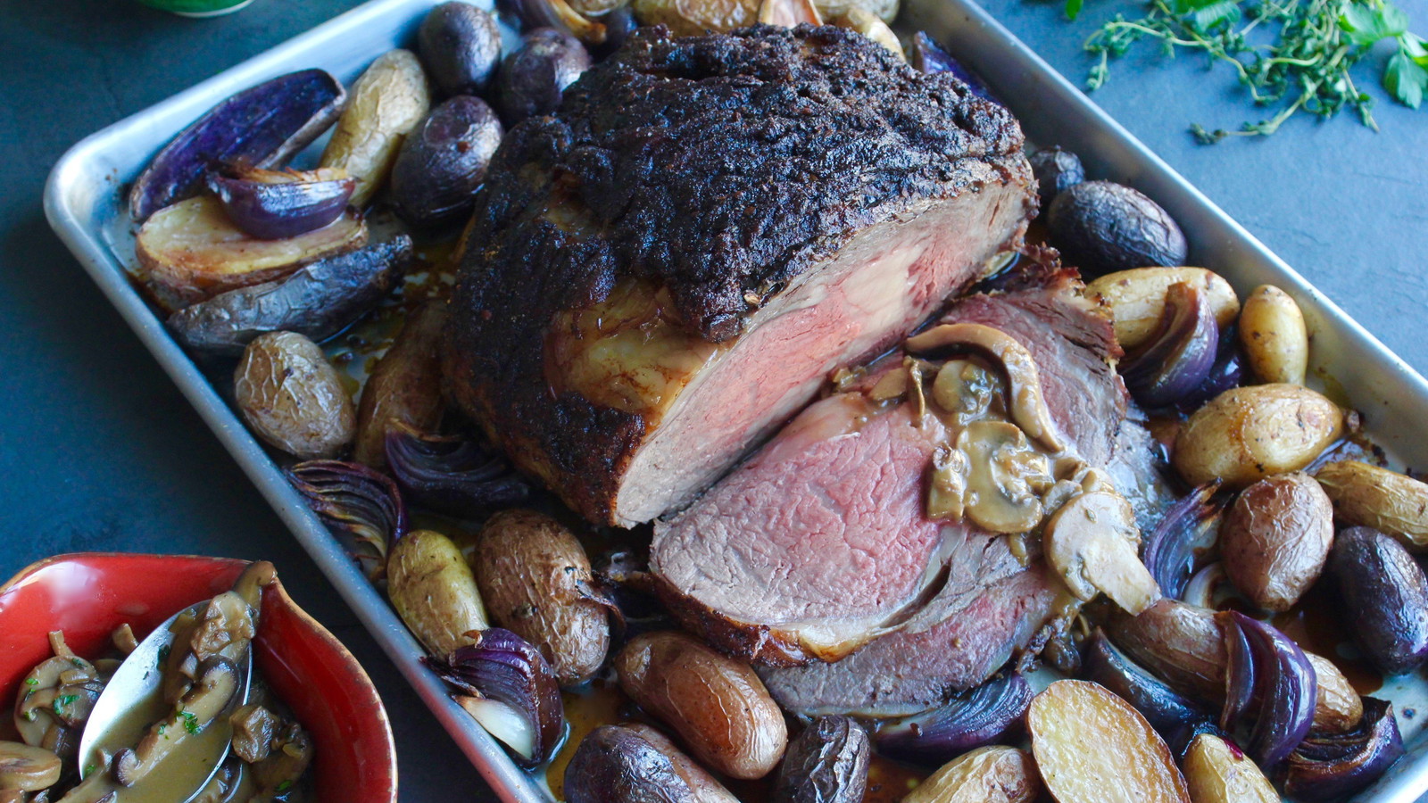 Porcini Dusted Prime Rib with Mushroom-Shallot Reduction