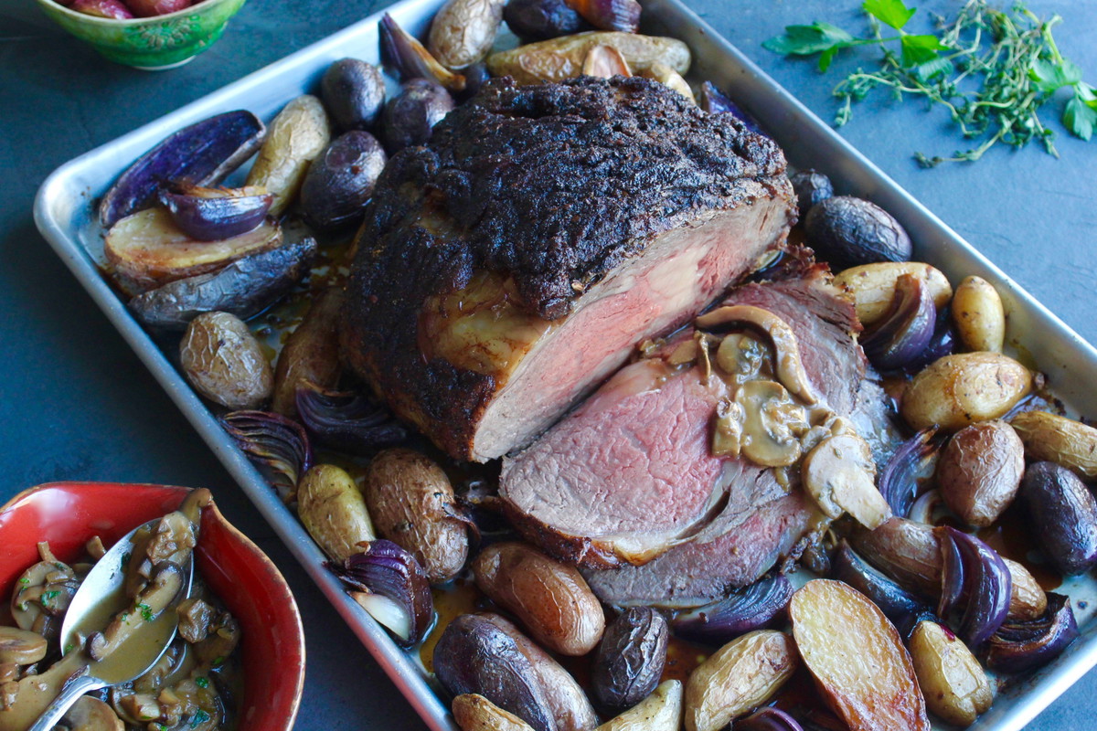 Porcini Dusted Prime Rib with Mushroom-Shallot Reduction