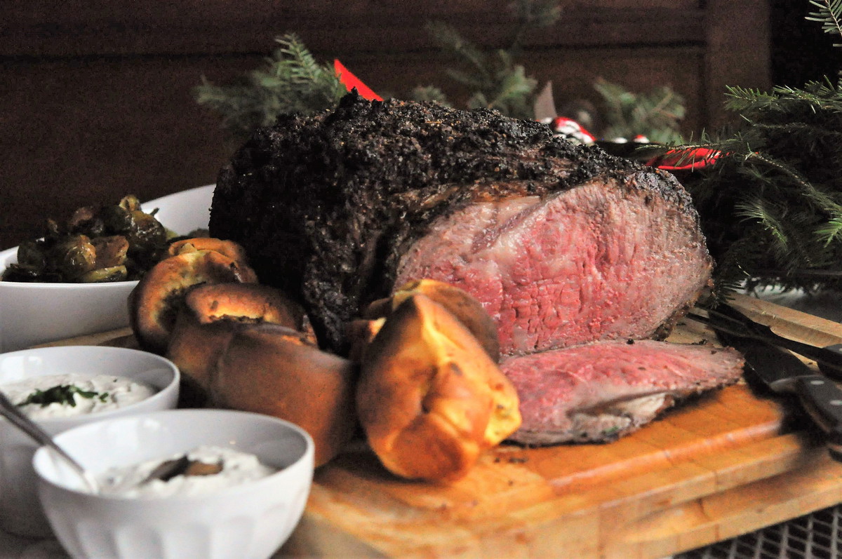 Herb and Salt-Crusted Ribeye with Yorkshire Pudding and Two Sauces