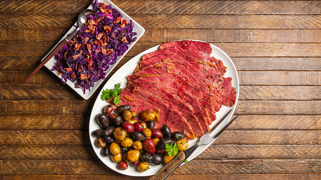 Image of Corned Beef with Fire Roasted Potatoes and Sauteed Red Cabbage