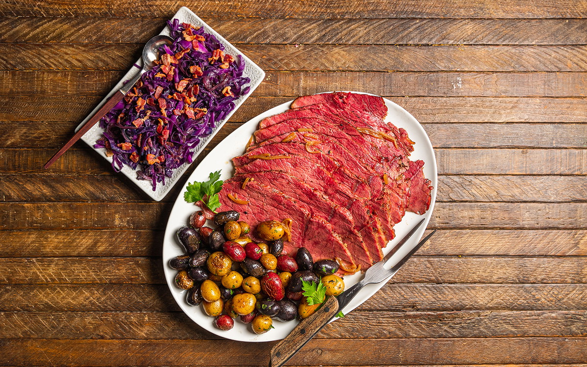 Corned Beef with Fire Roasted Potatoes and Sauteed Red Cabbage