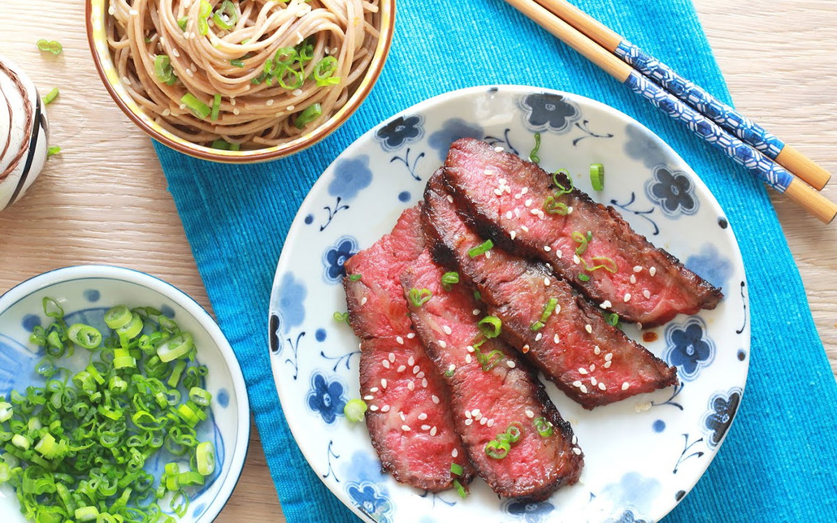 Miso Marinated Flat Iron Steak with Soba Noodles
