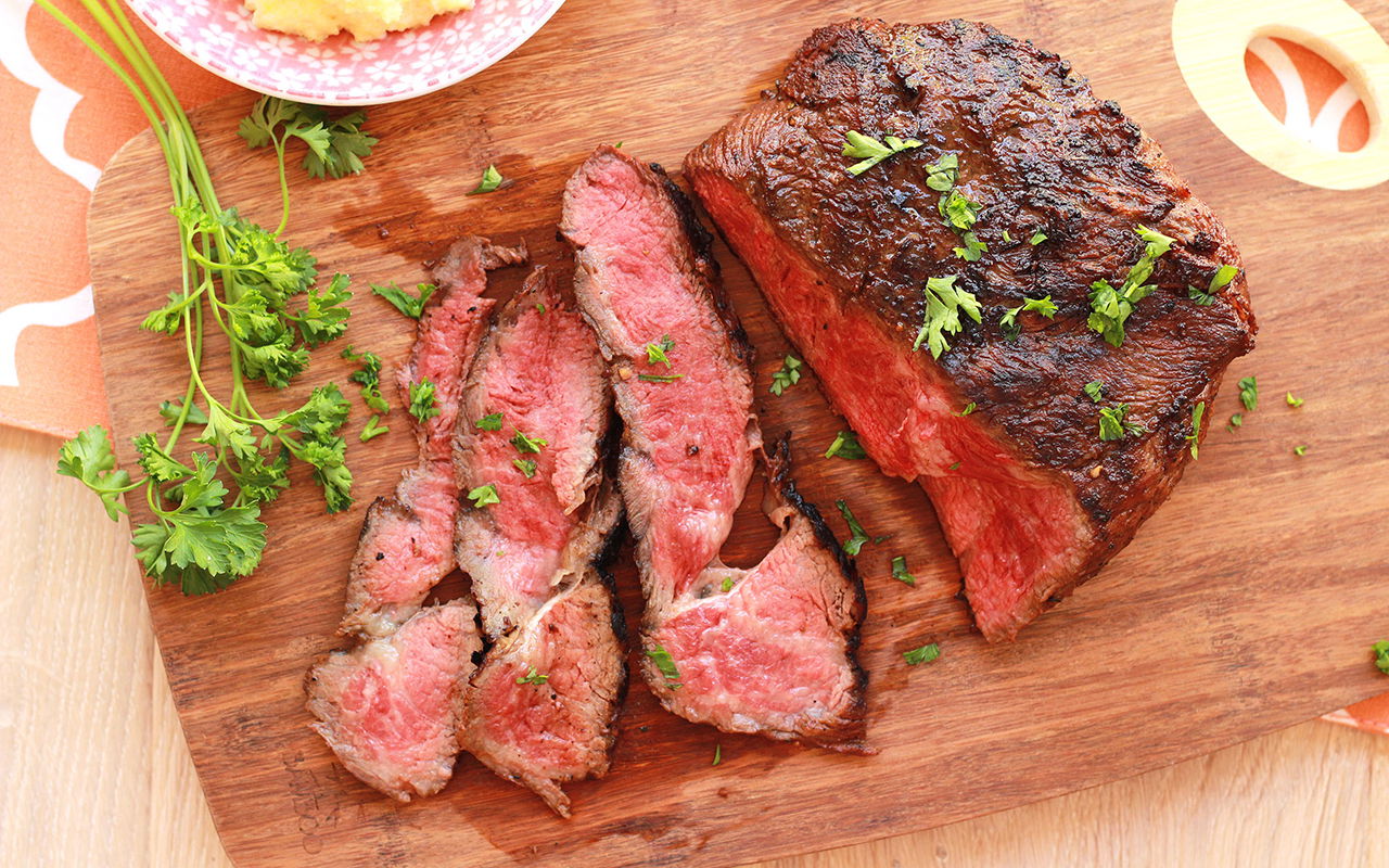 Grilled Marinated Flat Iron Steak with Creamy Polenta and Roasted Tomatoes