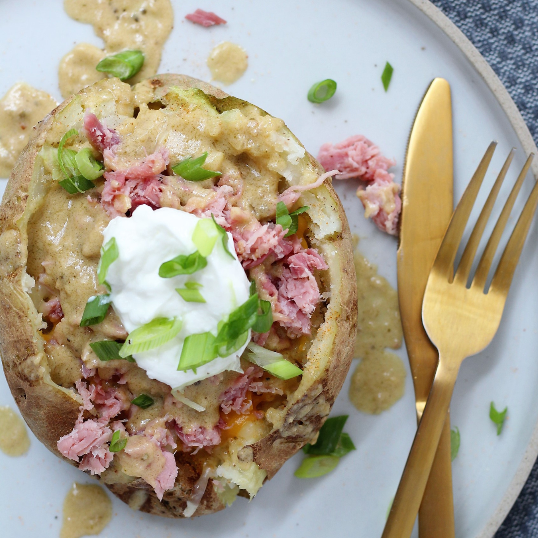 Loaded Baked Potatoes with Green Peppercorn Sauce