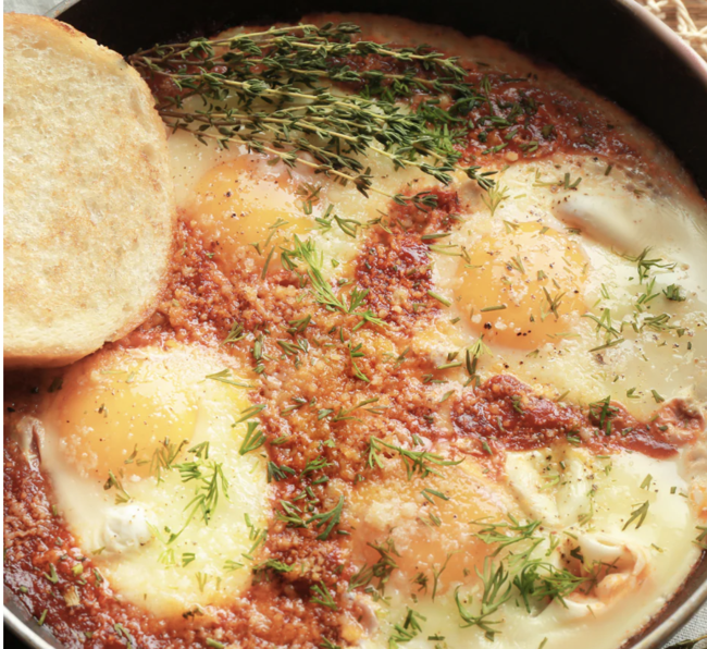 Image of Eggs in Purgatory with Spicy Pomodoro Sauce and Toasted Crusty Baguette
