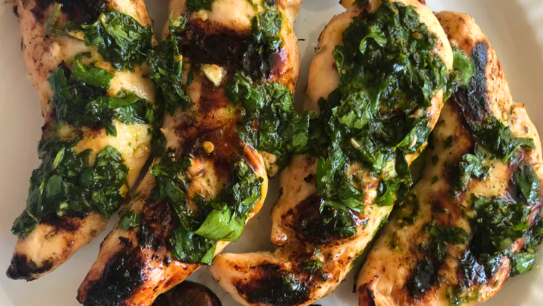 Image of Grilled Chicken with Portobello Mushrooms and Green Herb Pesto