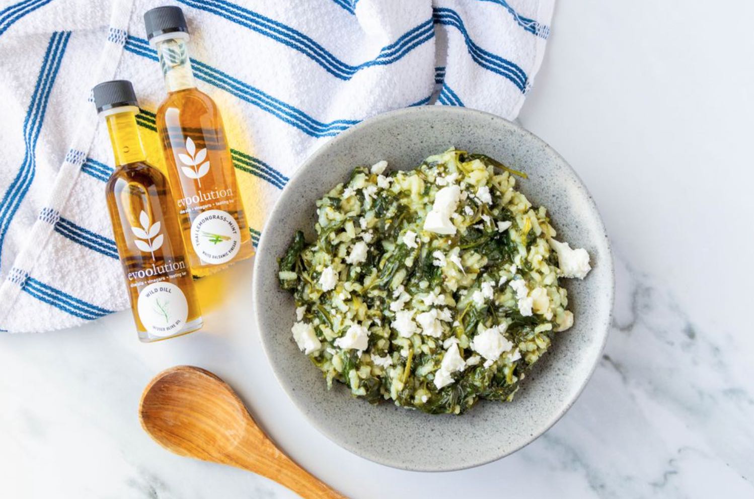 Image of Greek Spinach Rice with Dill Olive Oil and Thai Lemongrass Mint Balsamic