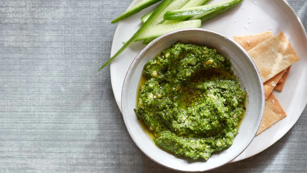 Image of Salsa pesto de ajo asado, espinacas y anacardos