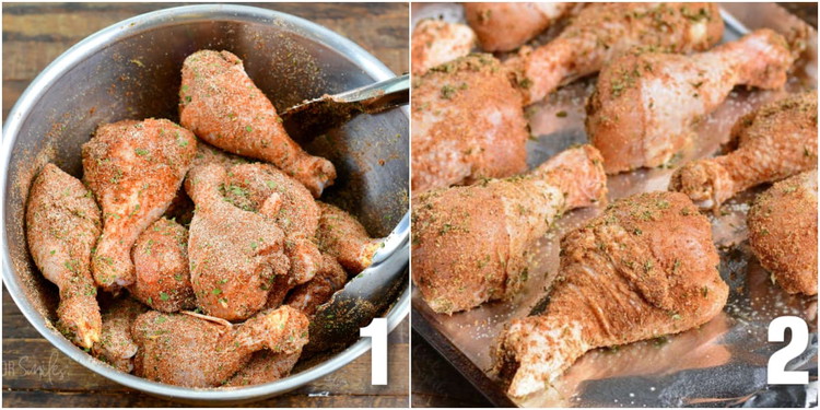 Image of Transfer the chicken drumstick to the cassava flour mixture and coat it thoroughly, pressing the flour mixture onto the chicken to ensure good coverage. Set aside on a plate or wire rack and repeat the process with the remaining chicken...