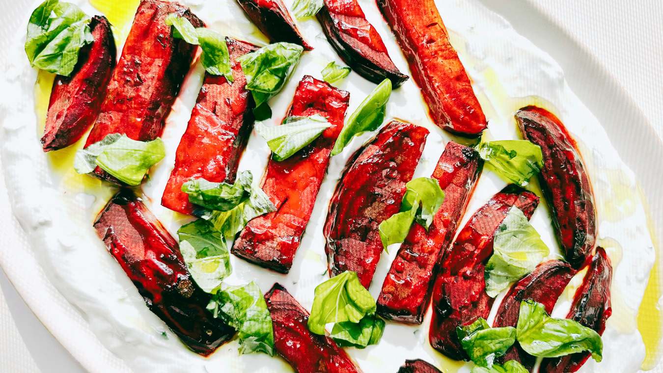 Image of Roasted Beets Served on Garlic & Basil Yoghurt