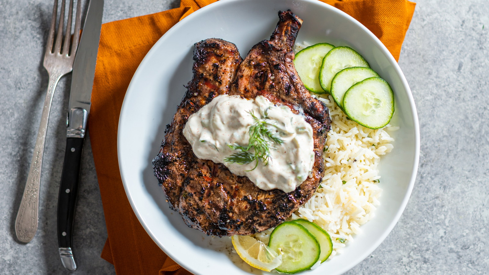 Image of Spicy Harissa Pork Chops with Tzatziki