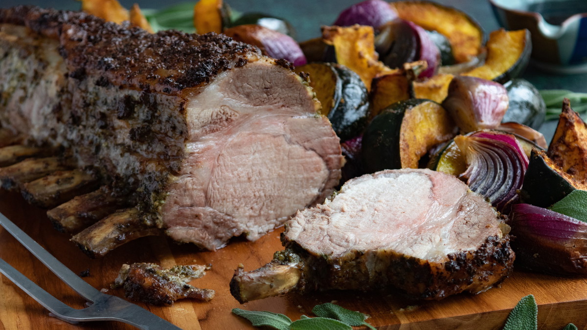Sage and Thyme Rack of Pork with Squash, Onions and Balsamic-Apple Syrup