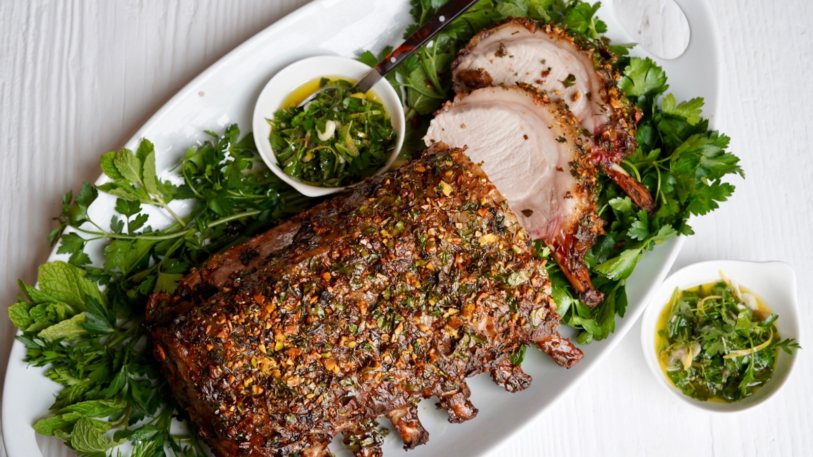 Pistachio & Herb Crusted Kurobuta Rack of Pork