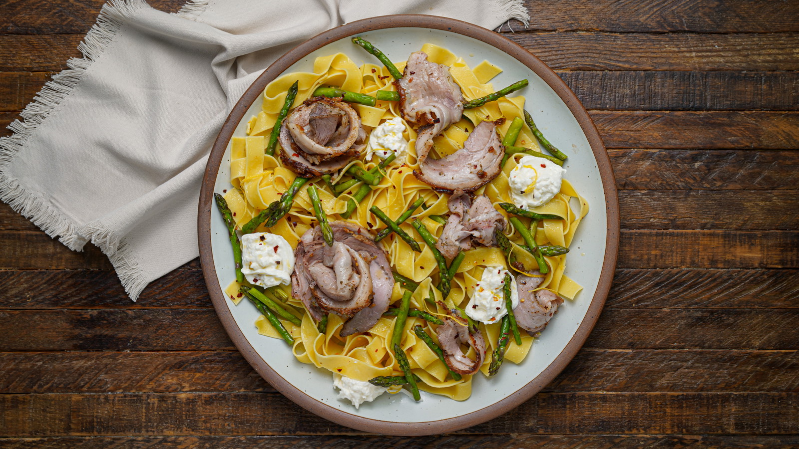 Porchetta Pasta with Burrata and Asparagus