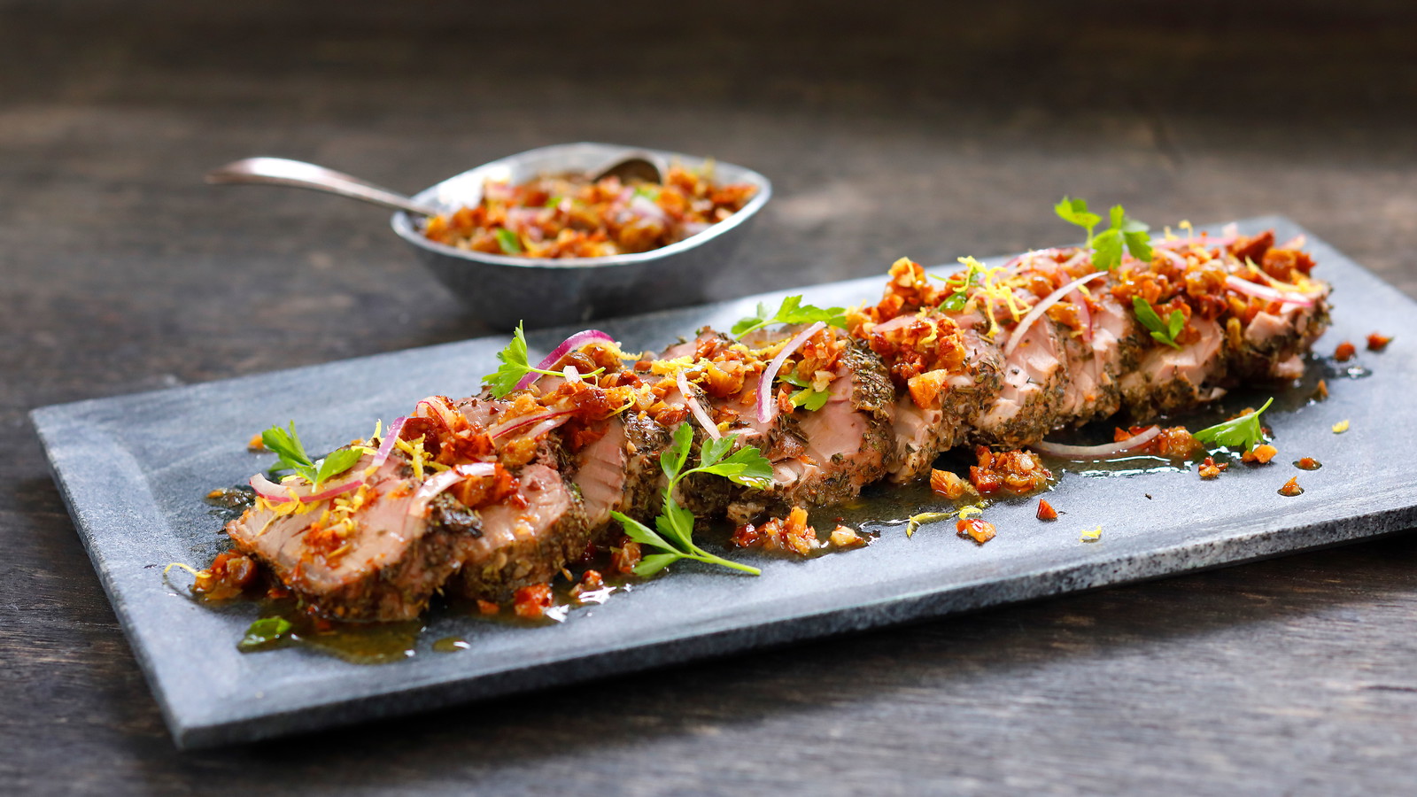 Image of Kurobuta Pork Tenderloin with Golden Raisin Agrodolce