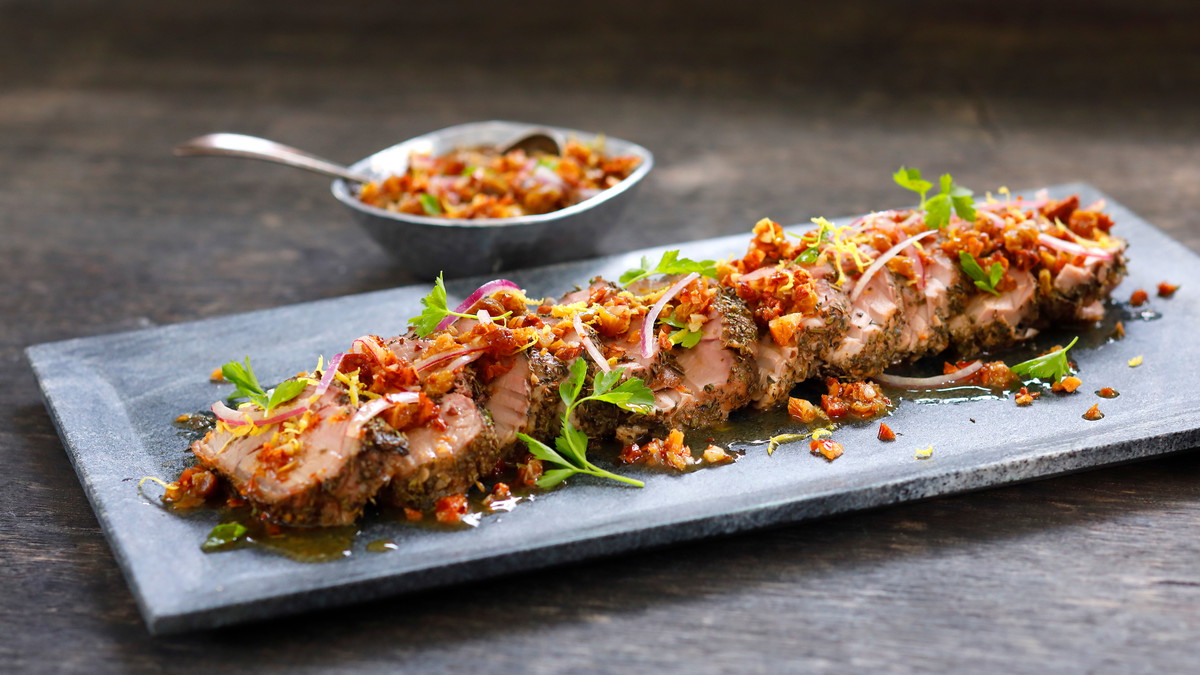 Kurobuta Pork Tenderloin with Golden Raisin Agrodolce