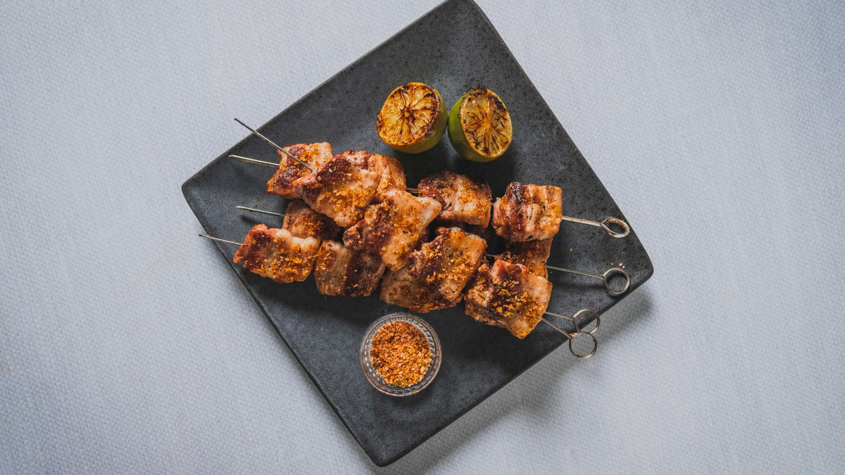 Grilled Pork Belly Skewers with Chili Lime Salt