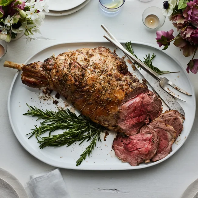 Image of Garlic and Rosemary Roasted Lamb Leg with a Red Wine Lamb Fat Gravy