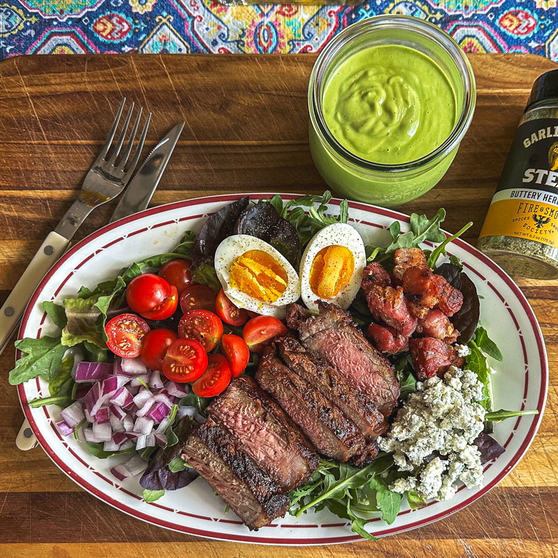 Garlic Butter Steak Cobb Salad with Creamy Avocado Dressing