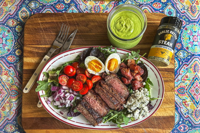 Image of Garlic Butter Steak Cobb Salad with Creamy Avocado Dressing