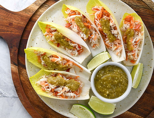 Image of Crab & Veggie Sweet Pepper Endive Canapés with Tomatillo Hatch Chile Salsa