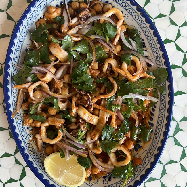 Image of pink lake salt & pepper berry squid with harissa chickpeas