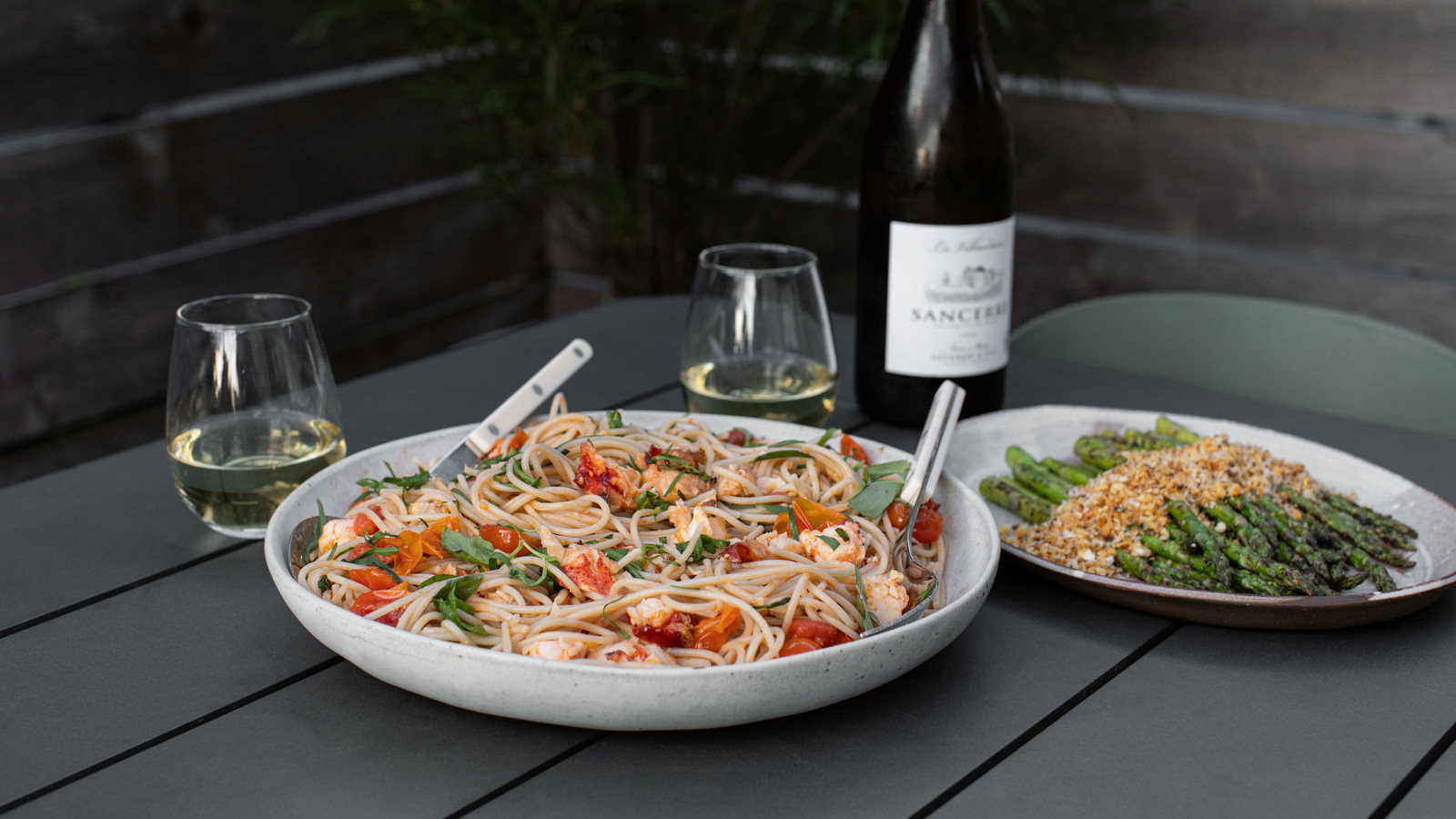 Image of Grilled Lobster Tail Pasta with Crispy Grilled Asparagus