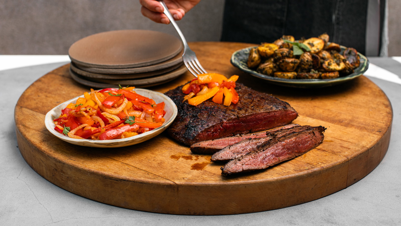 Image of Grilled Flank Steak Peperonata with Pesto Potatoes