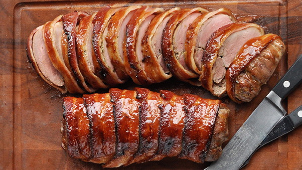 Bacon-Wrapped Rosemary Pork Tenderloin with Maple Mustard Glaze