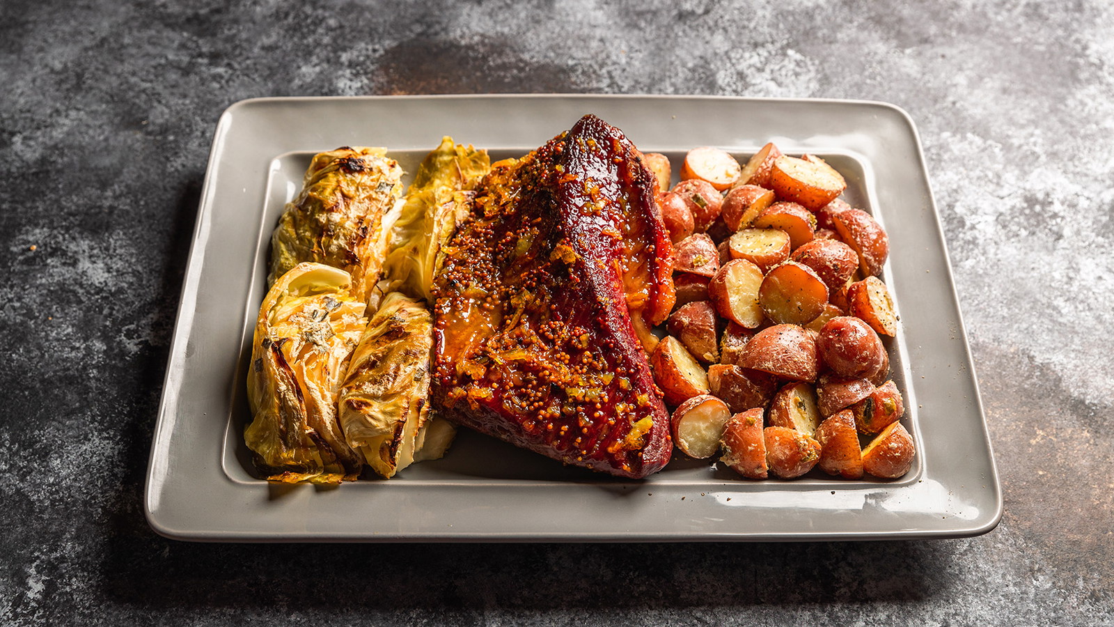 Dijon-Glazed Corned Beef with Savory Cabbage and Red Potatoes