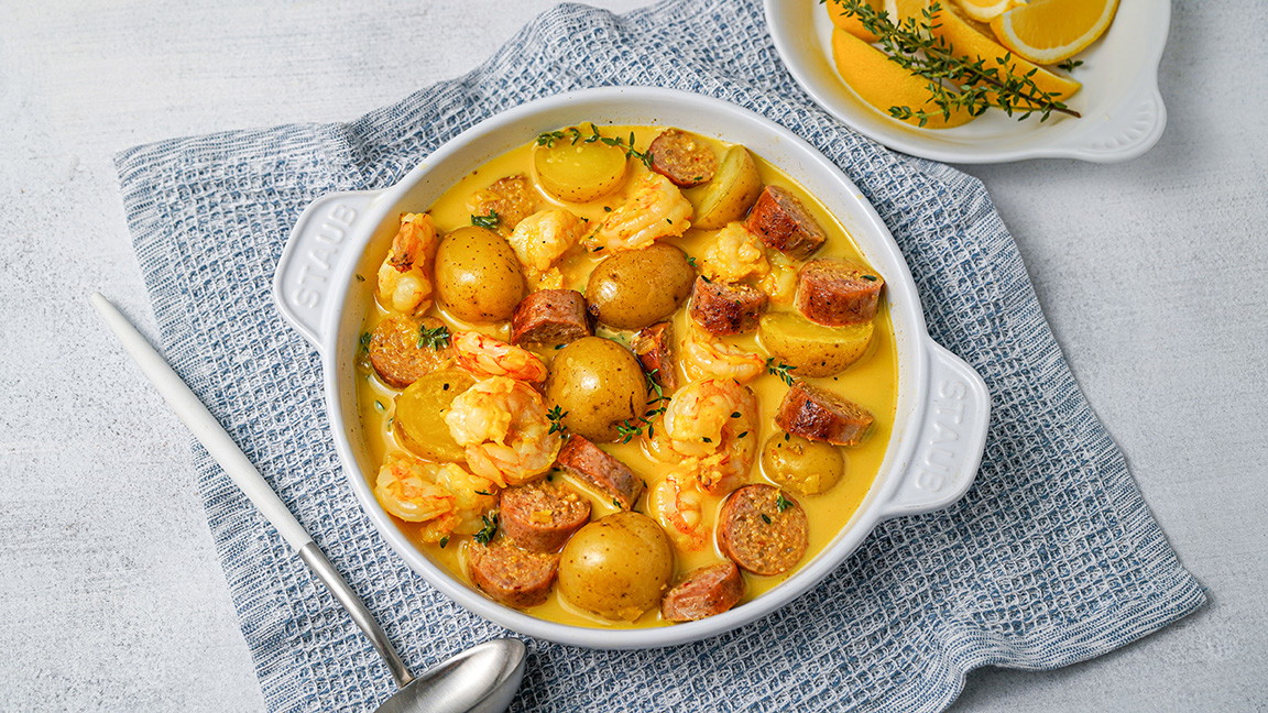 Image of One-Pot Saffron Cream Shrimp and Spicy Sausage