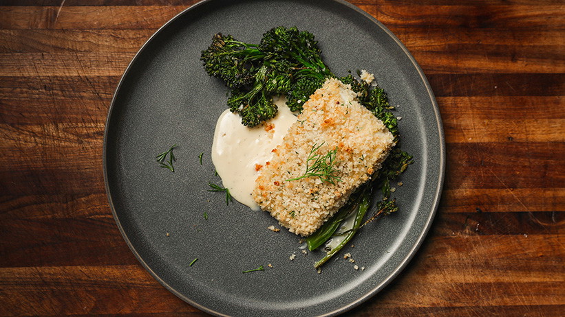 Image of Herby Panko-Crusted Halibut with Garlic Truffle Cream Sauce