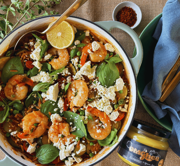 Greek-ish Orzo with Garlicky-Ghee Prawns