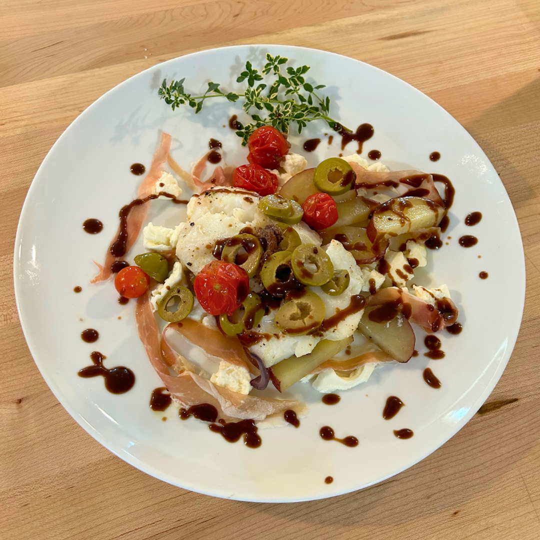 Cod with Black Garlic Cream, Fresh Mozzarella, and Prosciutto