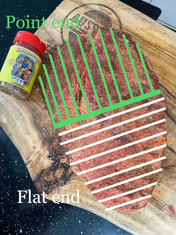 Image of Slicing. Your hunk of meat has been smoked and rested to perfection, so it is now time to slice. There is a crap load ways to slice it, but this is my preferred way. Sometimes I will separate the flat...