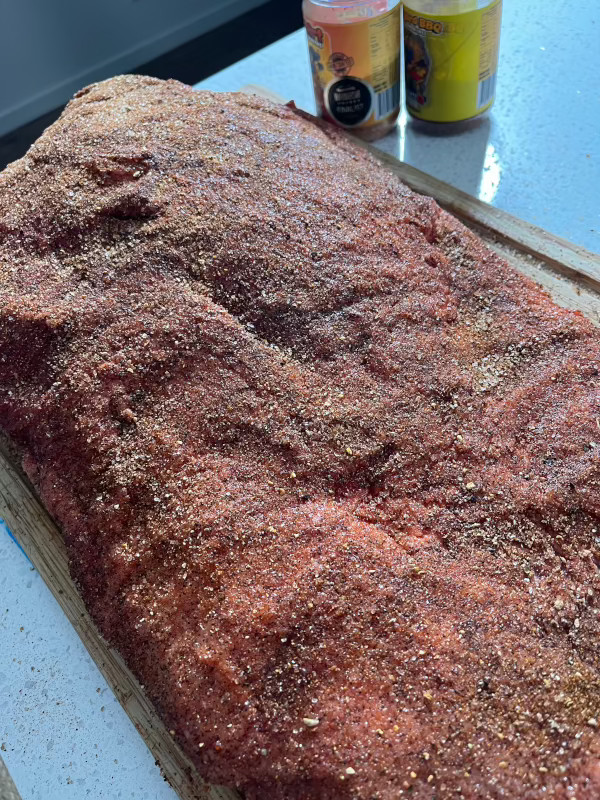 Image of Seasoning and brining. The night before you commence cooking start your prep which importantly includes seasoning. Seasoning the night before the cook not only saves time on the day of the cook, but serves to brine the brisket.Use a 50/50...