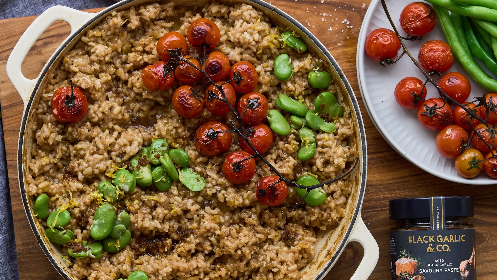 Image of Black Garlic Risotto with oven-roasted tomato