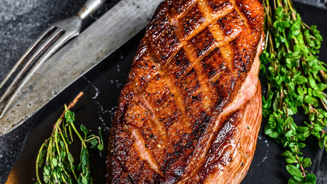 Peach Glazed Duck with Corn Polenta and Salsa Verde