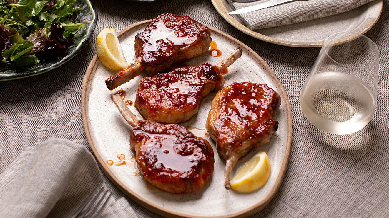 Image of Harissa Honey Pork Chops with Fingerling Potatoes & Harissa Mayonnaise 