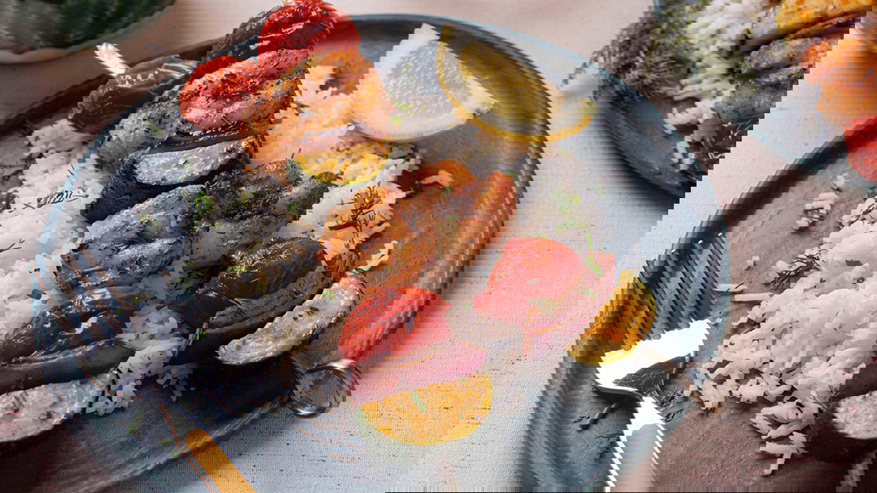 Image of Mediterranean Shrimp Skewers with Lemon Dill Yogurt Sauce