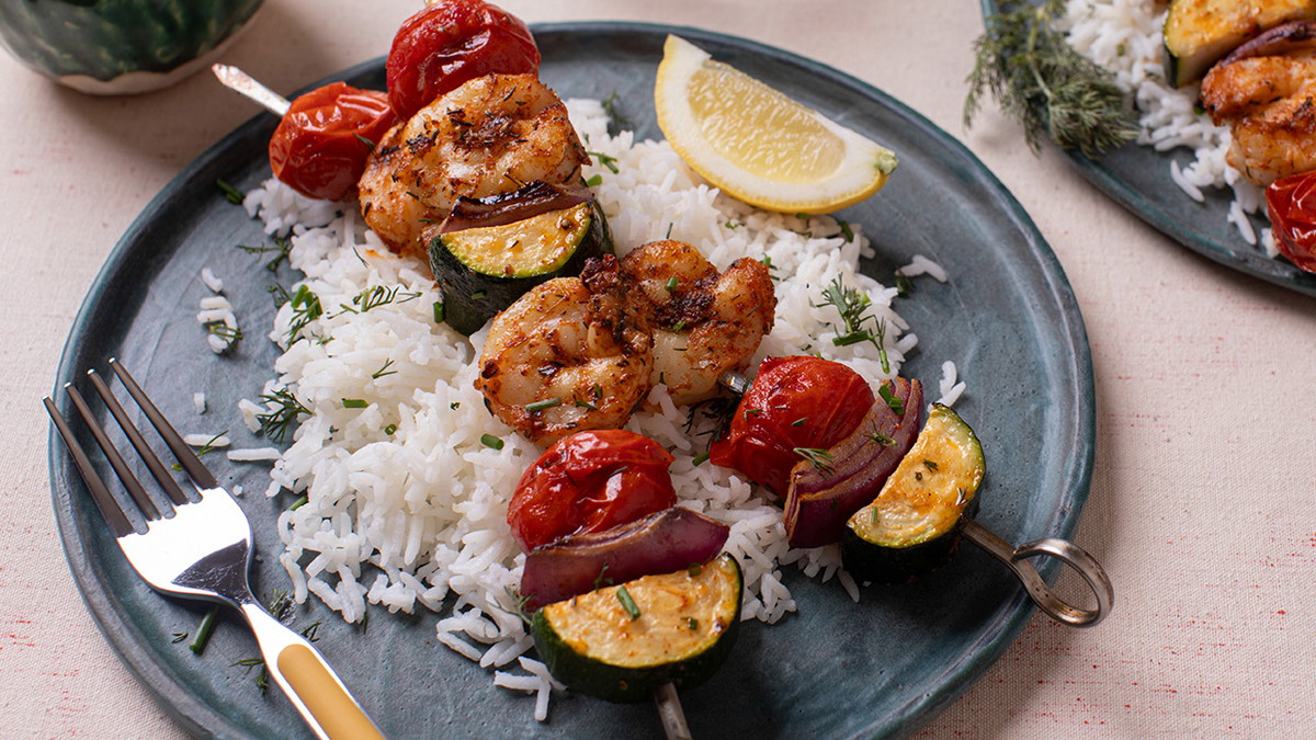 Mediterranean Shrimp Skewers with Lemon Dill Yogurt Sauce 