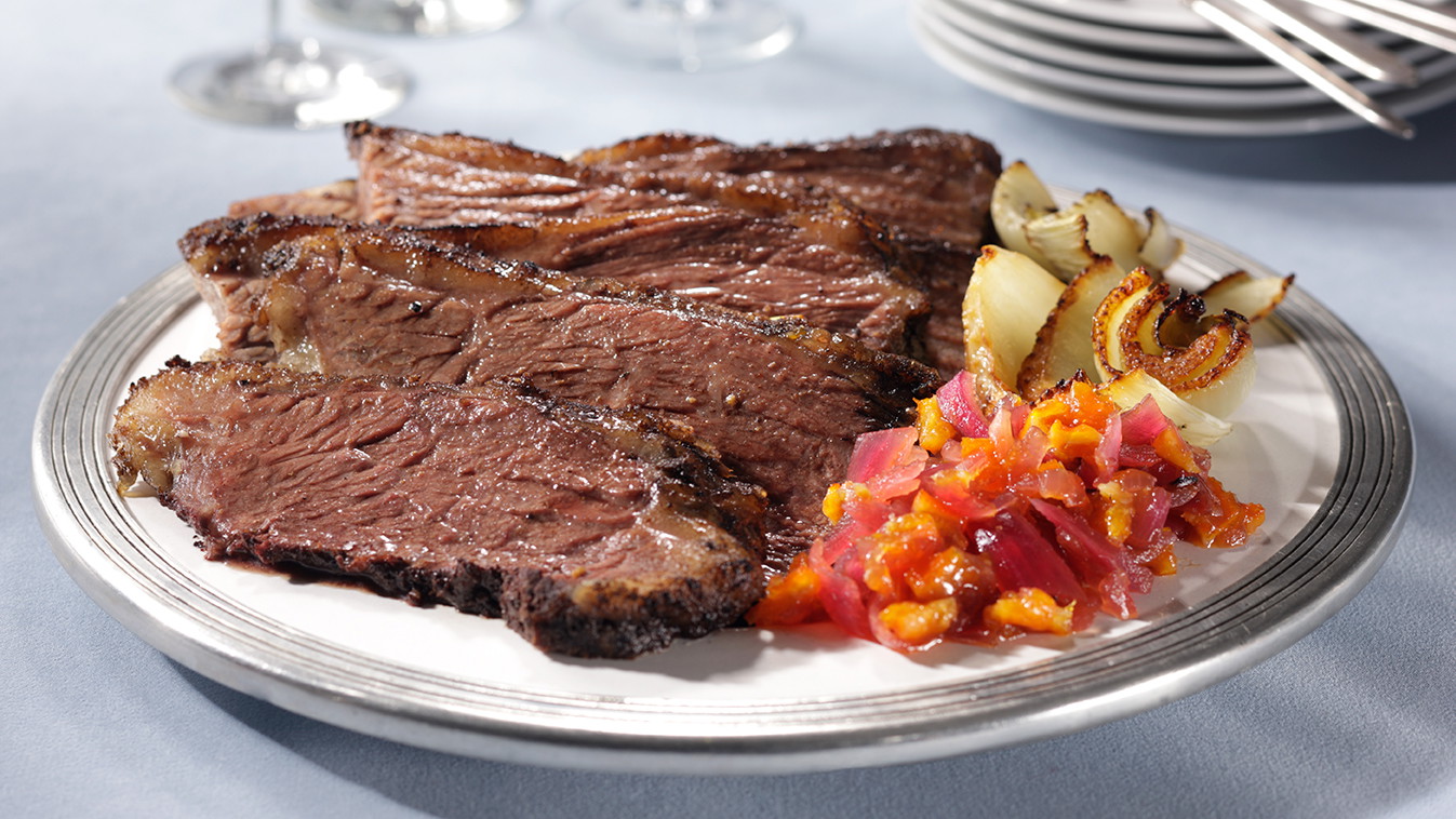 Image of Sarsaparilla-Ginger Glazed Brisket with Pickled Red Onion-Blood Orange Marmalade