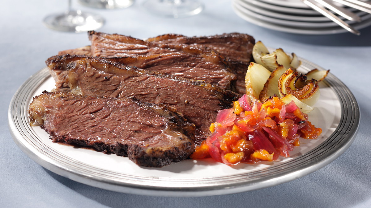 Sarsaparilla-Ginger Glazed Brisket with Pickled Red Onion-Blood Orange Marmalade