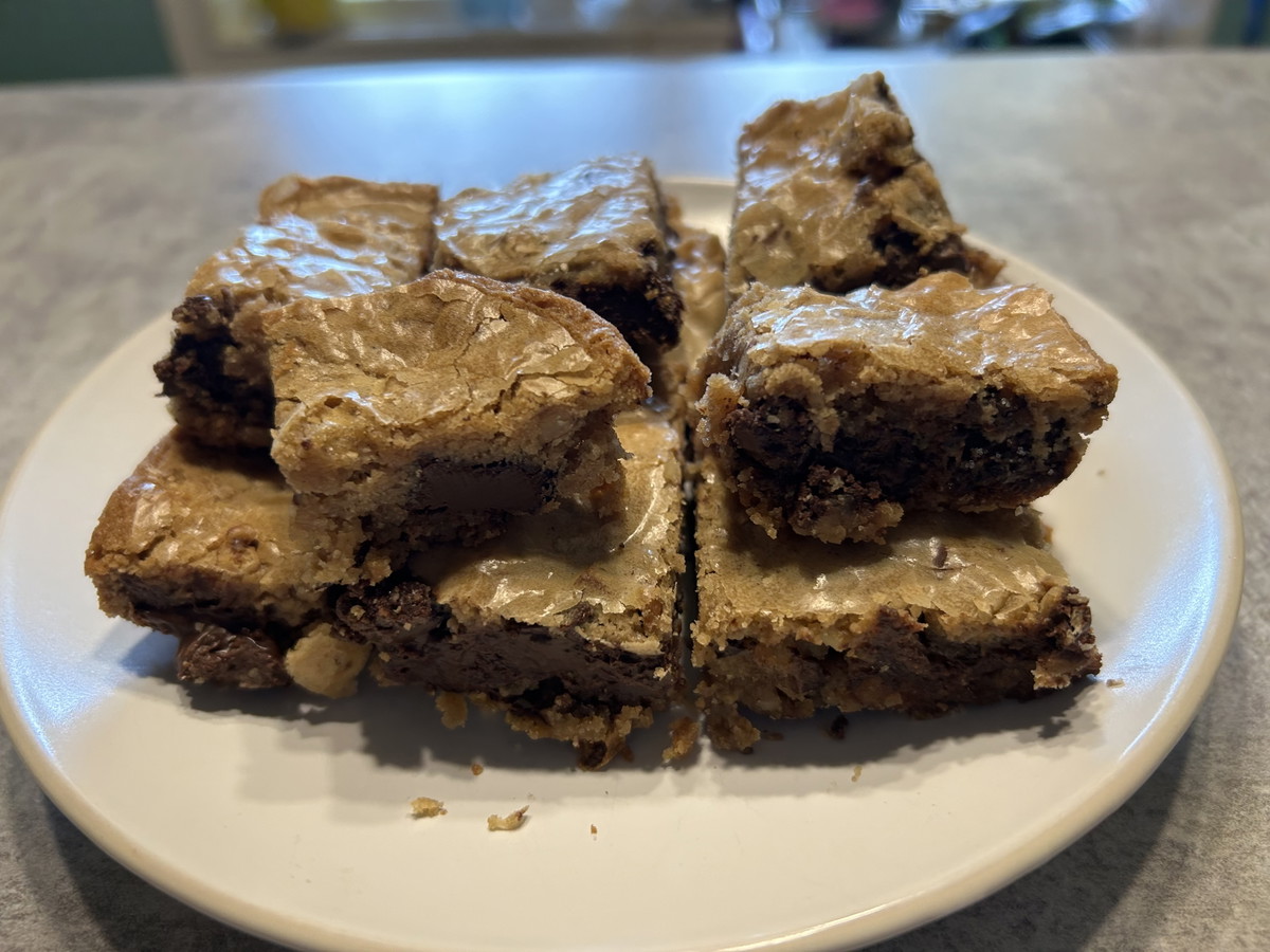 Bourbon Pecan Chocolate Chunk Blondies
