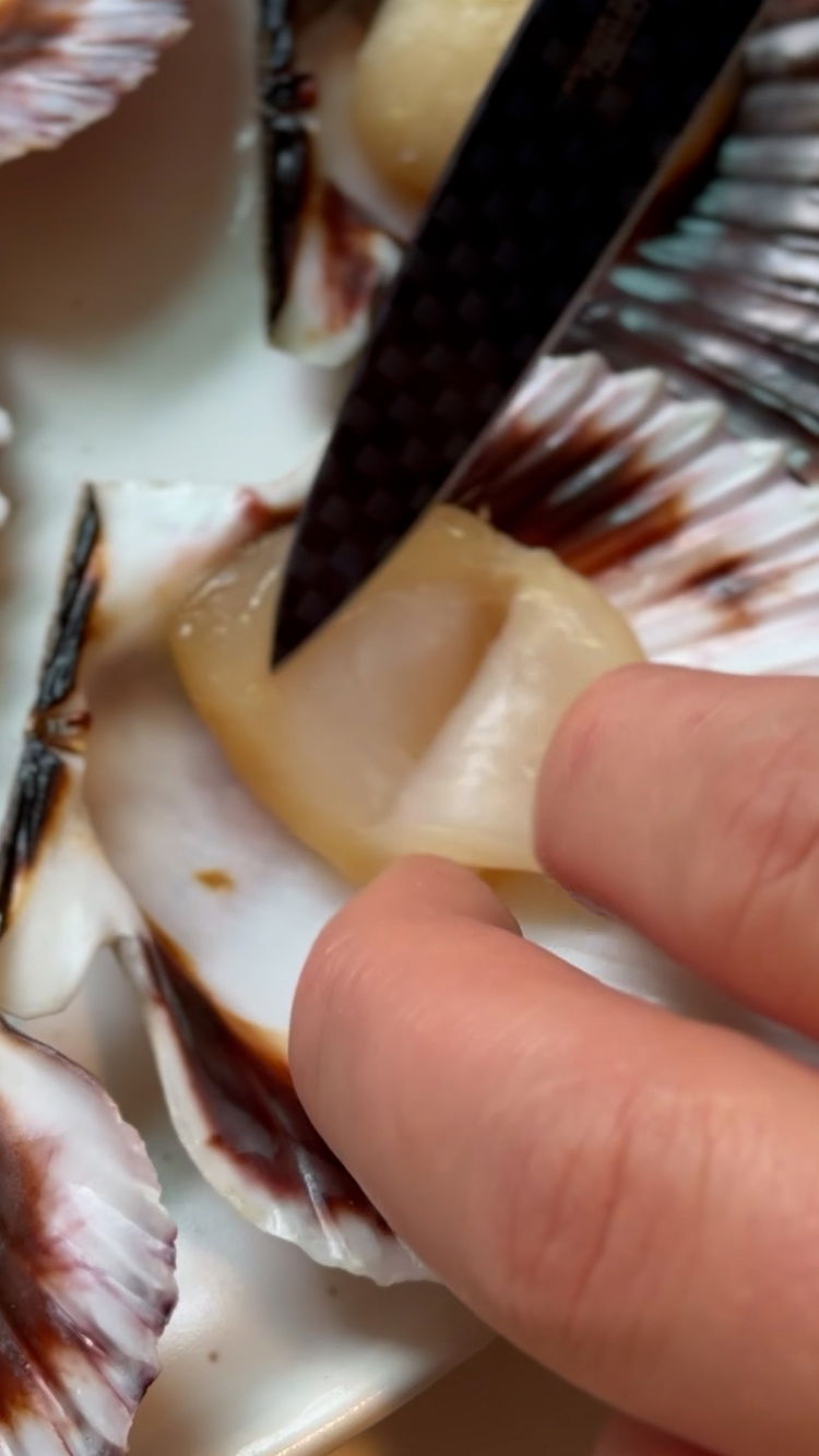 Image of Open the scallop by slicing it with a sharp knife....