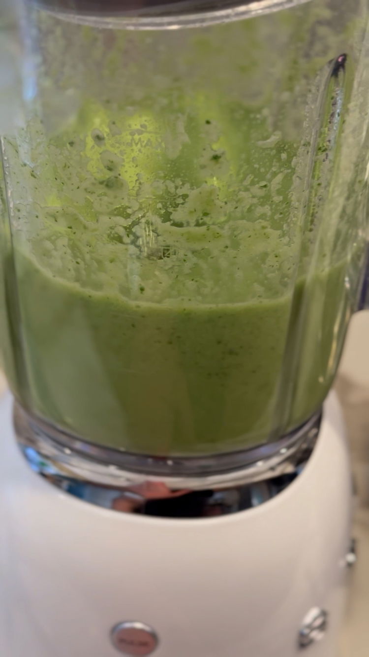 Image of Blend jalapeno, onion, cilantro, garlic, and ginger together. 