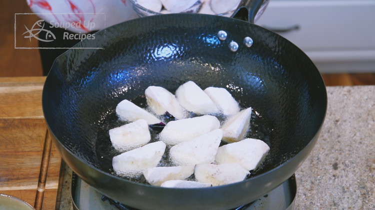 Image of Increase the oil’s temperature to 380℉ / 193℃ and then add the eggplant skin-side down. This retains the purple color.