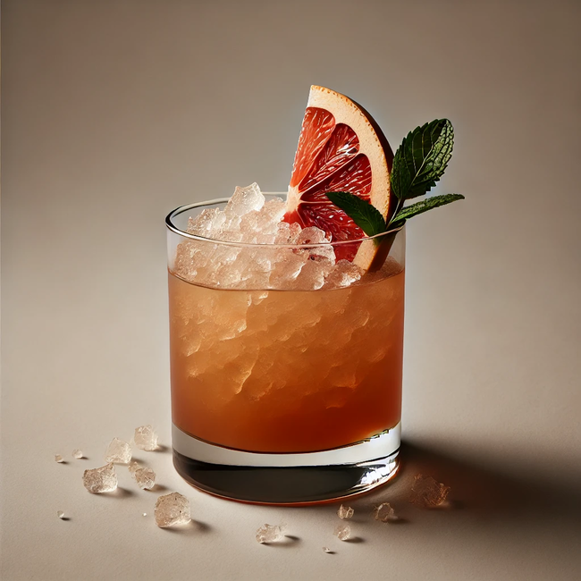 A picture of a glass with crushed ice, a rum grog cocktail inside with a grapefruit and mint sprig for garnish on a neutral background.